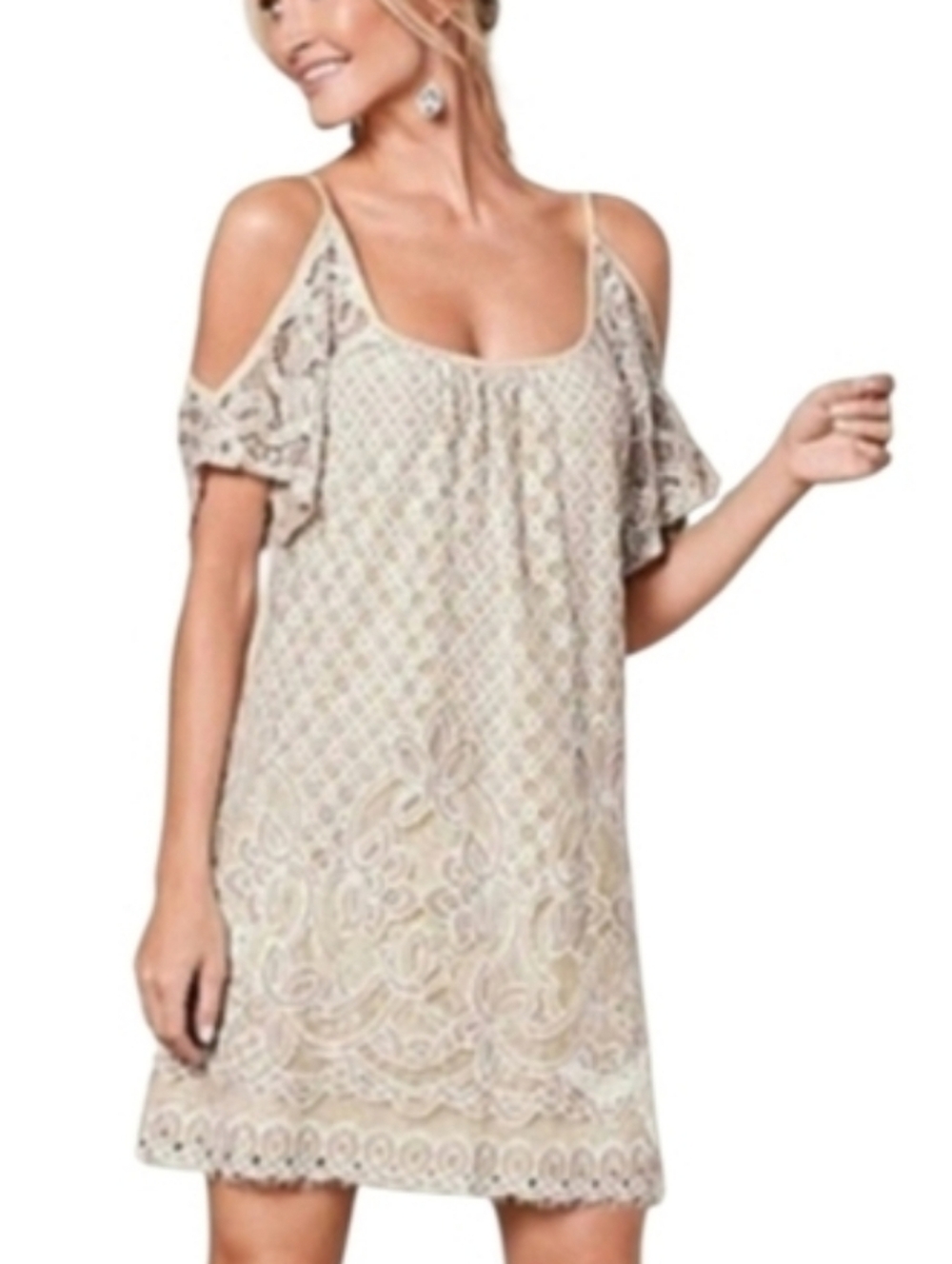 VENUS Lace Overlay Beige Women's Shift Cold Shoulder Dress L